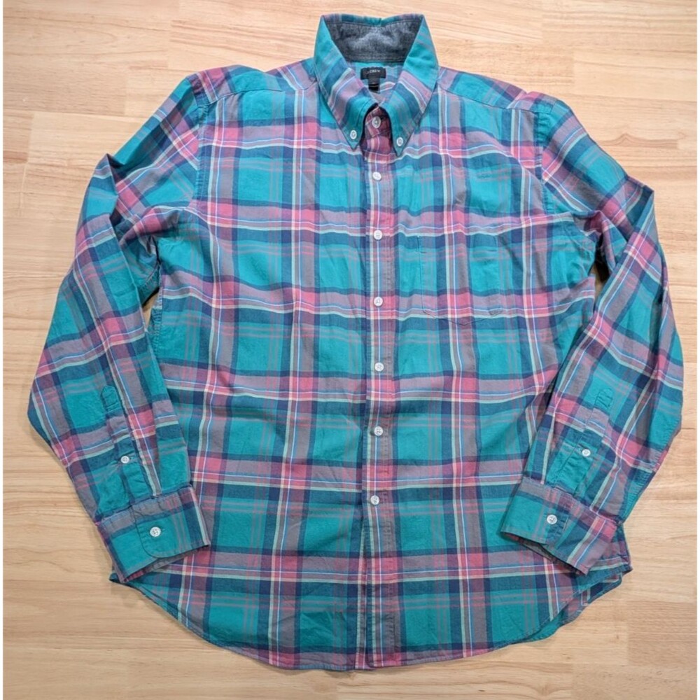 J.Crew Plaid Button Down Shirt XL 100% Cotton Teal Pink Teal Long Sleeve Mens